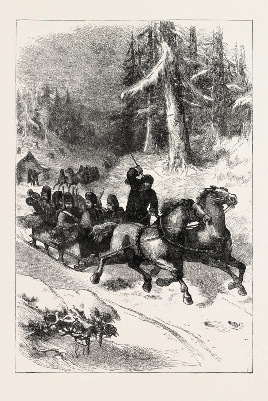 BRITISH TROOPS CONVEYED THROUGH CANADA, 1870s engraving