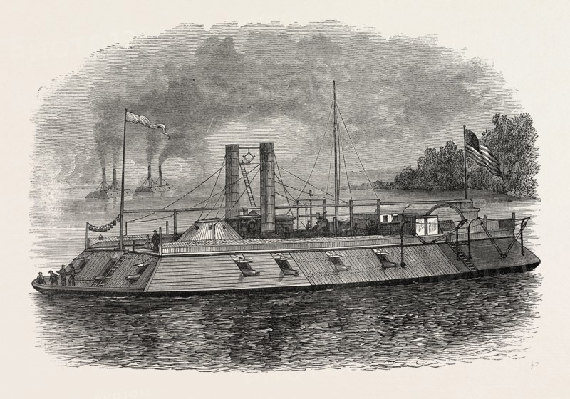 FEDERAL IRON-CLAD RIVER GUNBOAT, AMERICAN CIVIL WAR, UNITED STATES OF AMERICA, US, USA, 1870s engraving