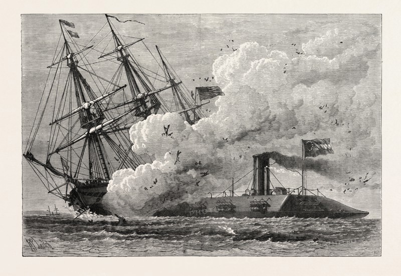 THE MERRIMAC SINKING THE CUMBERLAND, AMERICAN CIVIL WAR, UNITED STATES OF AMERICA, US, USA, 1870s engraving