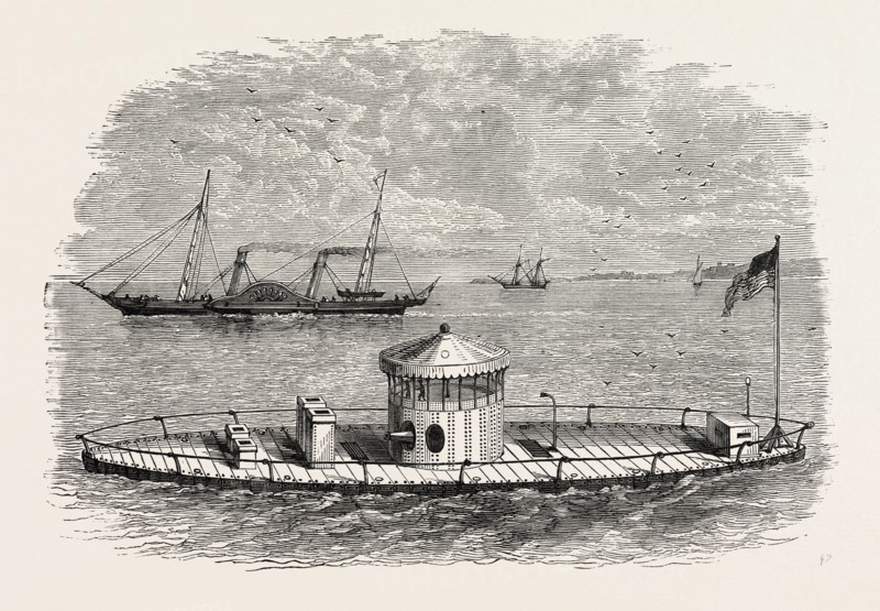 A MONITOR, AND BLOCKADE-RUNNER, AMERICAN CIVIL WAR, UNITED STATES OF AMERICA, US, USA, 1870s engraving