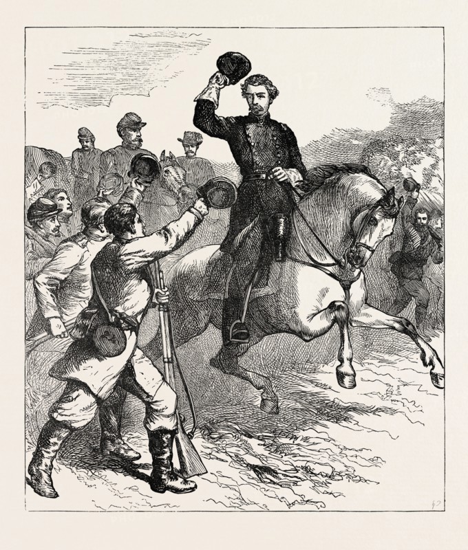 ARRIVAL OF McCLELLAN AT WILLIAMSBURG, UNITED STATES OF AMERICA, US, USA, 1870s engraving