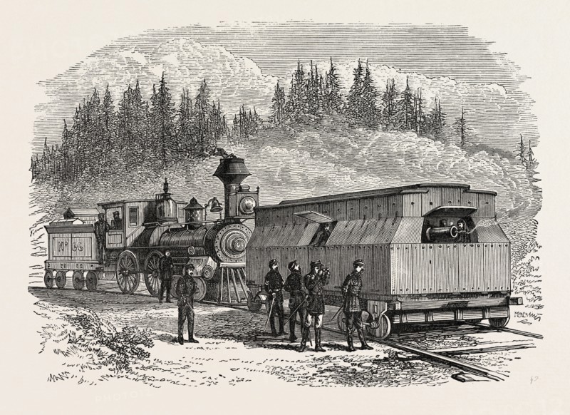 A RAILROAD BATTERY, AMERICAN CIVIL WAR, UNITED STATES OF AMERICA, US, USA, 1870s engraving