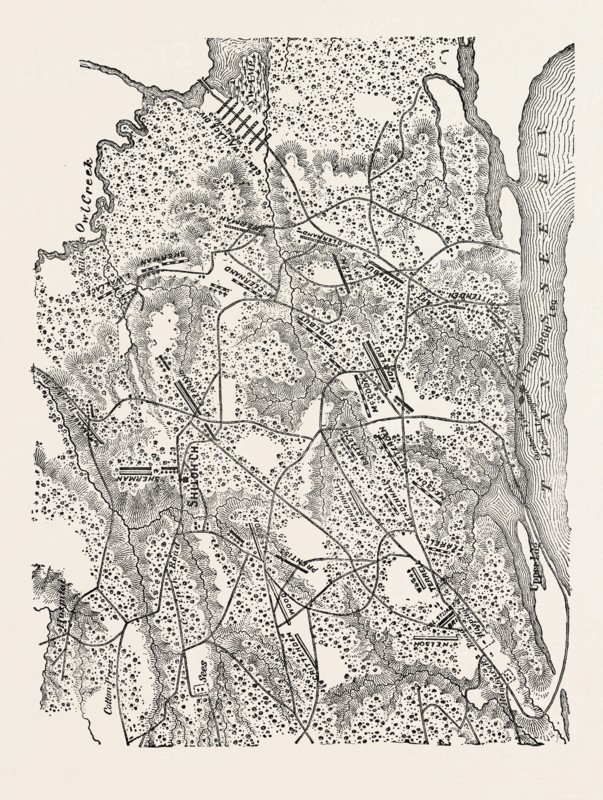 PLAN OF THE BATTLE OF PITTSBURG LANDING, AMERICAN CIVIL WAR, UNITED STATES OF AMERICA, US, USA, 1870s engraving