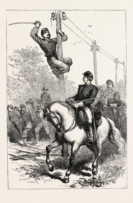 STUART'S CAVALRY CUTTING TELEGRAPH WIRES, AMERICAN CIVIL WAR, UNITED STATES OF AMERICA, US, USA, 1870s engraving