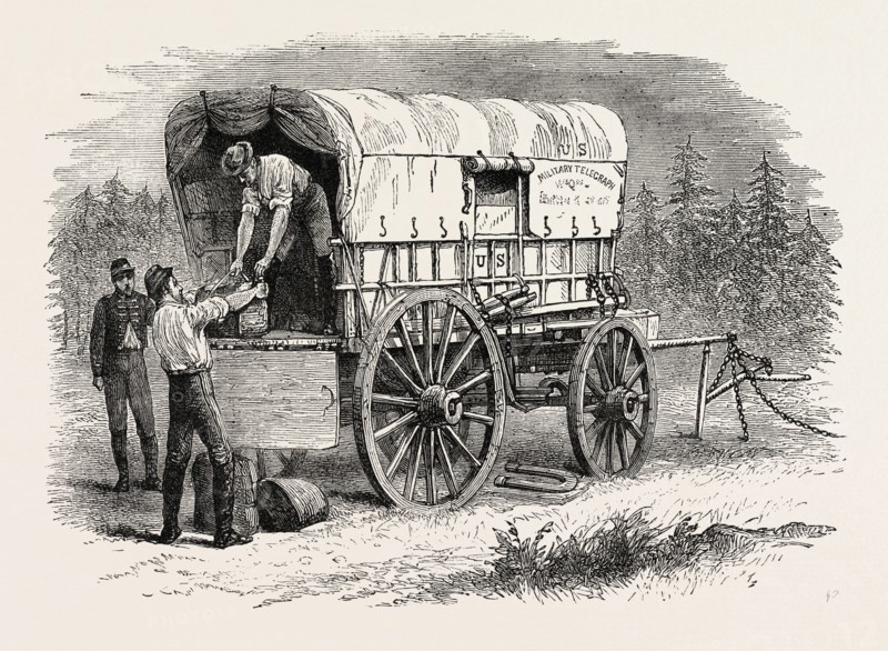 UNITED STATES MILITARY TELEGRAPH WAGGON, AMERICAN CIVIL WAR, US, USA, 1870s engraving