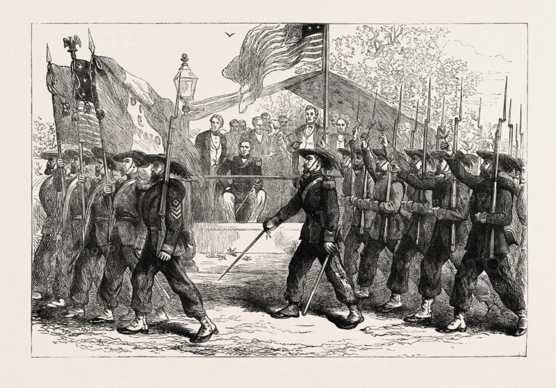 MARCH PAST OF THE GARIBALDI GUARD BEFORE PRESIDENT LINCOLN, AMERICAN CIVIL WAR, UNITED STATES OF AMERICA, US, USA, 1870s engraving