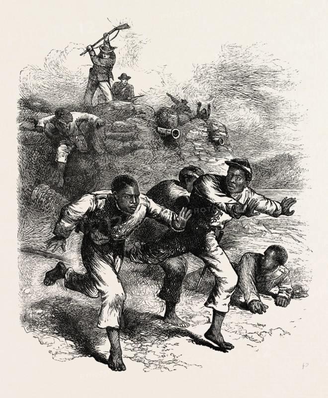 FLIGHT OF PEOPLE FROM FORT PILLOW, AMERICAN CIVIL WAR, UNITED STATES OF AMERICA, US, USA, 1870s engraving
