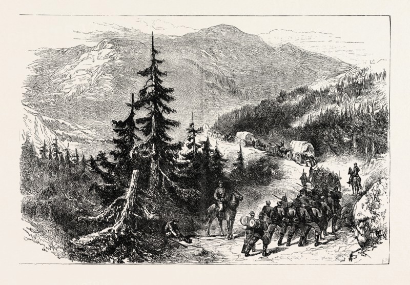 TROOPS CROSSING TO THE SHENANDOAH VALLEY, AMERICAN CIVIL WAR, UNITED STATES OF AMERICA, US, USA, 1870s engraving