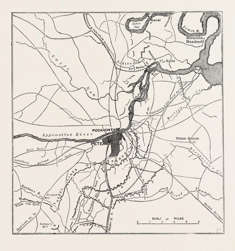 PLAN OF PETERSBURG, AND VICINITY, SHOWING THE CONFEDERATE AND FEDERAL FORTS, AMERICAN CIVIL WAR, UNITED STATES OF AMERICA, US, USA, 1870s engraving