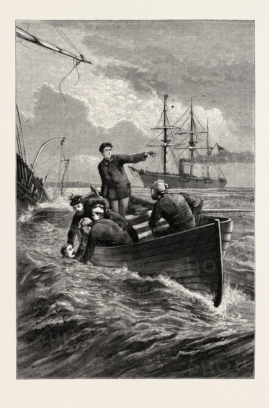 BOAT OF THE DEERHOUND RESCUING CAPTAIN SEMMES, AMERICAN CIVIL WAR, UNITED STATES OF AMERICA, US, USA, 1870s engraving