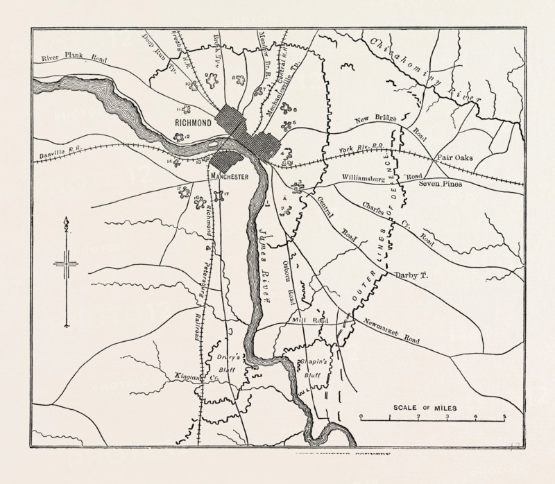 PLAN OF RICHMOND AND THE SURROUNDING COUNTRY, UNITED STATES OF AMERICA, US, USA, 1870s engraving