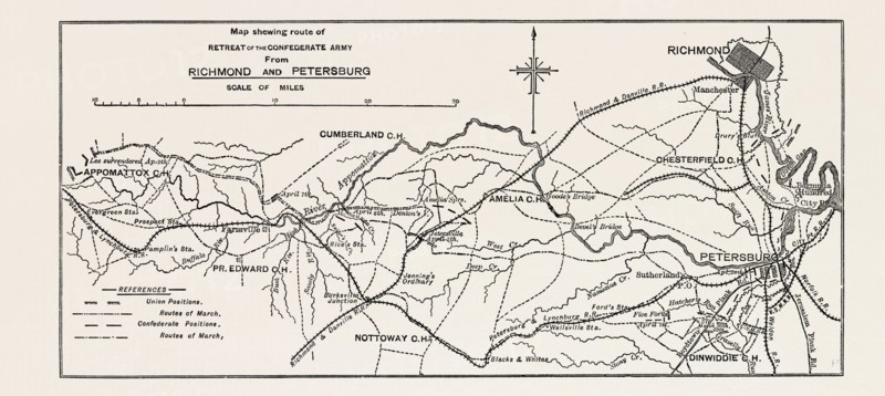 PLAN OF THE CONFEDERATE RETREAT FROM RICHMOND AND PETERSBURG, AMERICAN CIVIL WAR, UNITED STATES OF AMERICA, US, USA, 1870s engraving