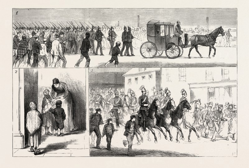 Cotton riots in lancashire, uk, 1. A Detachment of the 15th Foot led by a Magistrate marching to a suspected Spot, Blackburn.-2. Asking Alms.-3. Arrival at Accrington Of a Detachment of the 5th Dragoons