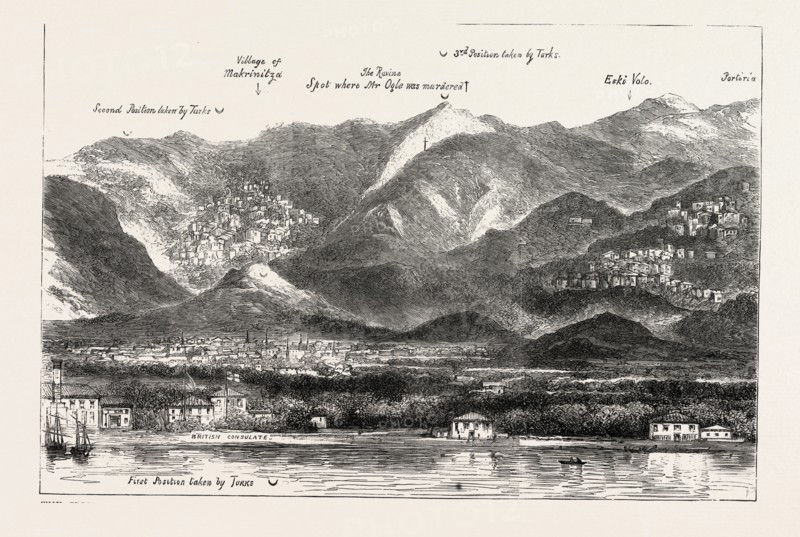 THE CRISIS IN THE EASTâ€îVOLO AND ITS ENVIRONS, SHOWING INSURGENTS' POSITION AND SPOT WHERE MR, OGLE WAS MURDERED