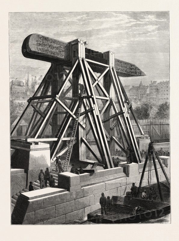 CLEOPATRA'S NEEDLE â€î THE MACHINERY FOR PLACING THE OBELISK IN POSITION ON THE THAMES EMBANKMENT