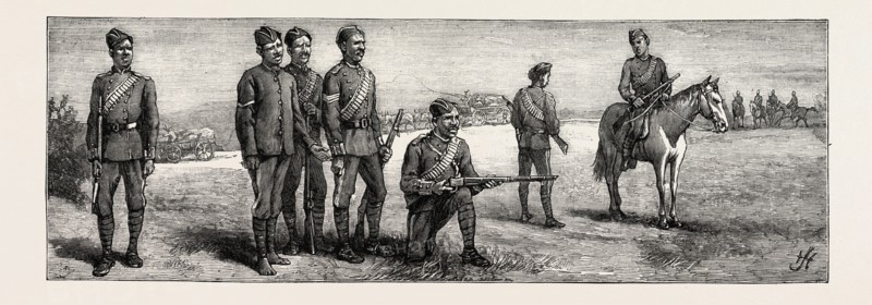 THE DISTURBANCES IN SOUTH AFRICA MEN OF THE BODYGUARD OF MR. OSBORNE, THE BRITISH RESIDENT COMMISSIONER IN THE ZULU NATIVE RESERVE TERRITORY, engraving 1884