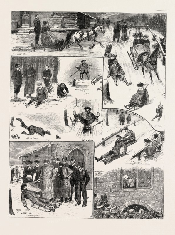 INTERNATIONAL TOBOGGAN RACES IN THE ENGADINE, SWITZERLAND, engraving 1884