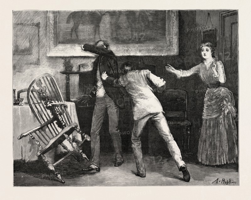 DRAWN BY ARTHUR HOPKINS, SCENE, INTERIOR, engraving 1884, life in Britain, UK, britain, british, europe, united kingdom, great britain, european