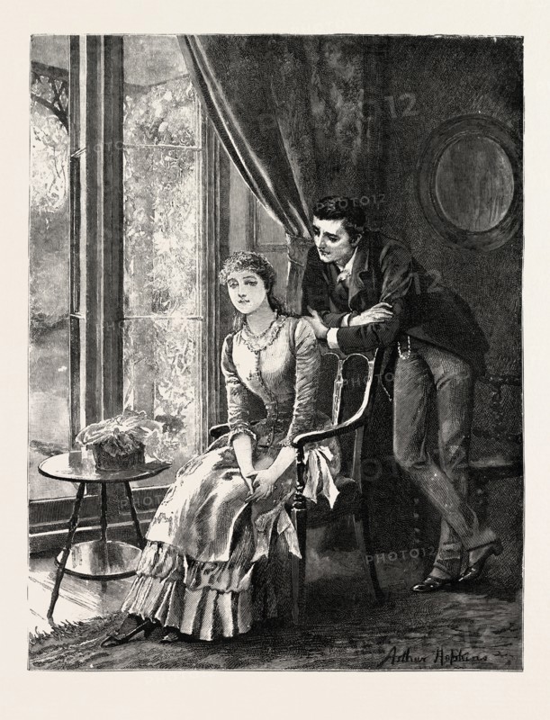DRAWN BY ARTHUR HOPKINS, COUPLE, engraving 1884, life in Britain, UK, britain, british, europe, united kingdom, great britain, european