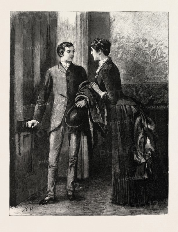 DRAWN BY ARTHUR HOPKINS, LEAVING, MAN, WOMAN, engraving 1884, life in Britain, UK, britain, british, europe, united kingdom, great britain, european