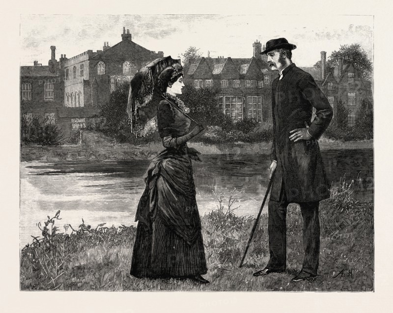 DRAWN BY ARTHUR HOPKINS, IN THE GARDEN, engraving 1884, life in Britain, UK, britain, british, europe, united kingdom, great britain, european