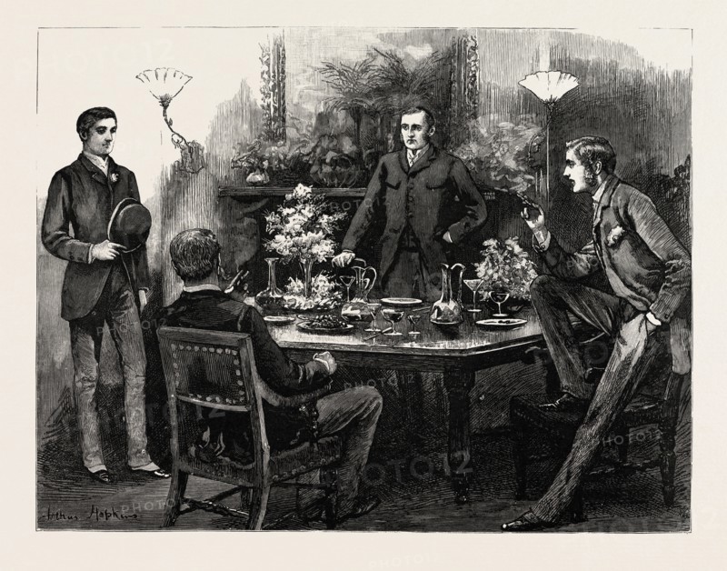DRAWN BY ARTHUR HOPKINS, INTERIOR, engraving 1884, life in Britain, UK, britain, british, europe, united kingdom, great britain, european
