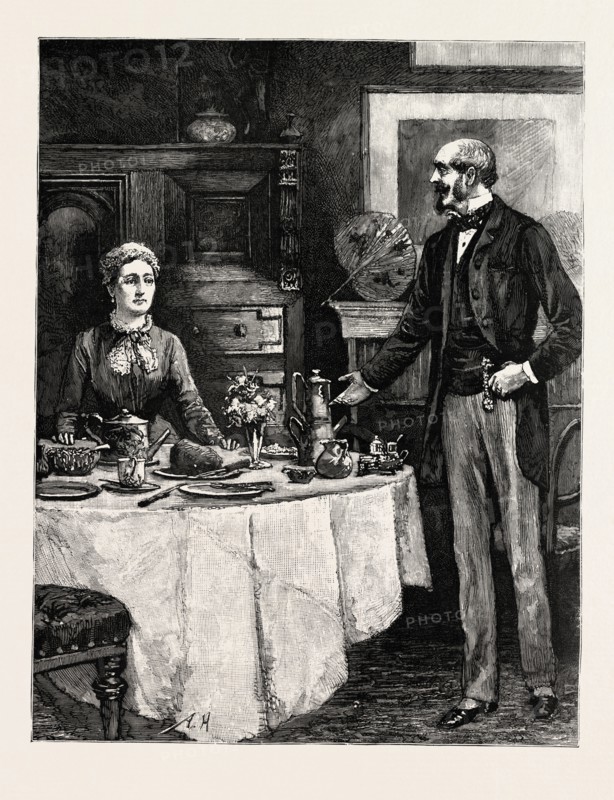 DRAWN BY ARTHUR HOPKINS You seem to be always wanting cheques, engraving 1884, life in Britain, UK, britain, british, europe, united kingdom, great britain, european, art, artist