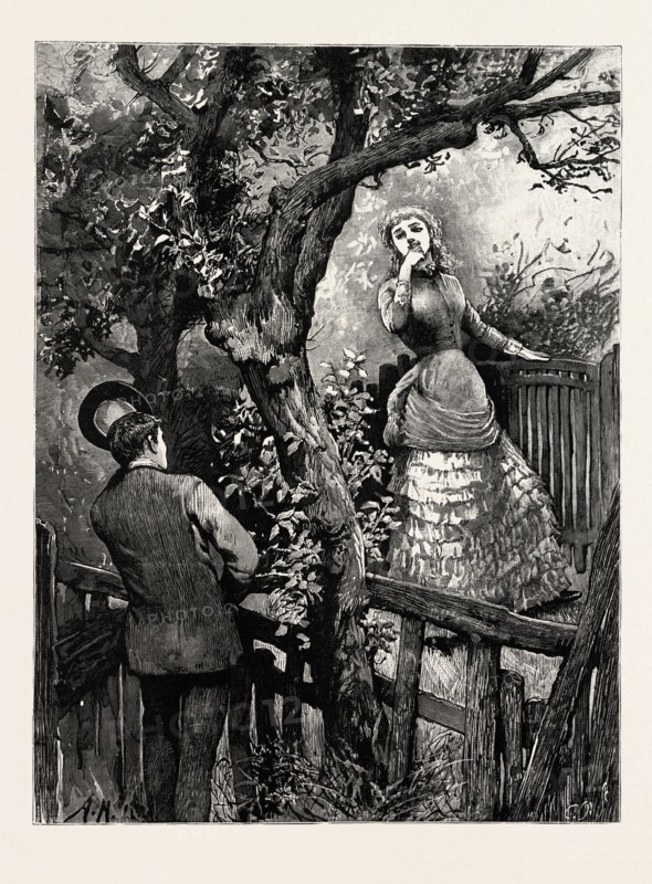 DRAWN BY ARTHUR HOPKINS, GREETING, engraving 1884, life in Britain, UK, britain, british, europe, united kingdom, great britain, european, art, artist