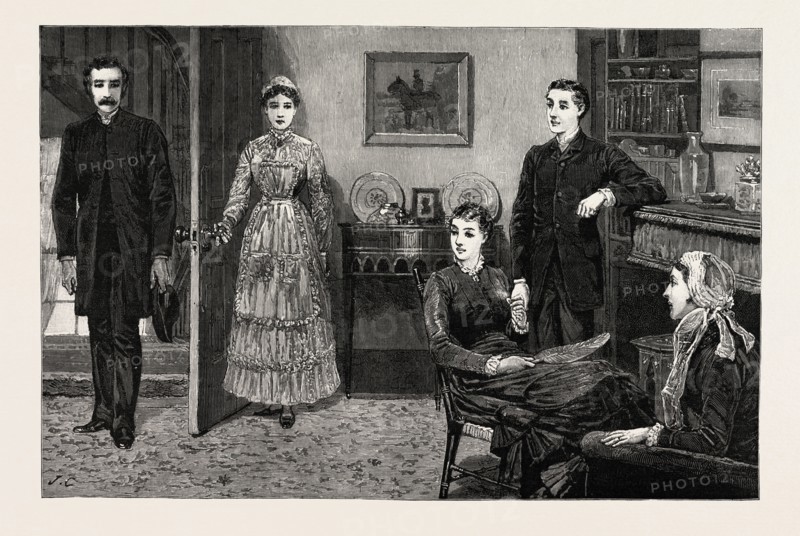 DRAWN BY JOHN CHARLTON,  INTERIOR, engraving 1884, life in Britain, UK, britain, british, europe, united kingdom, great britain, european, art, artist