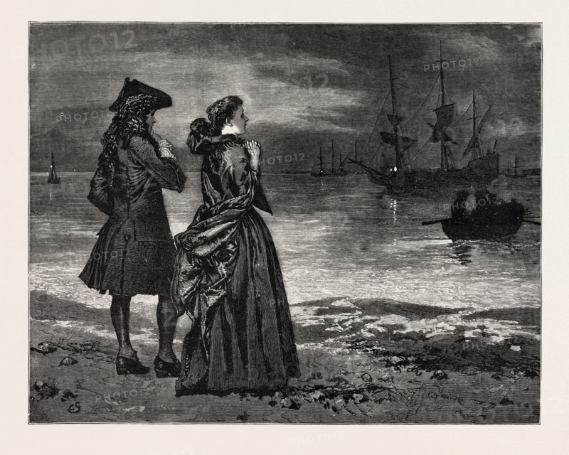 DRAWN BY CHARLES GREEN We stood upon the shore and watched, engraving 1884, life in Britain, UK, britain, british, europe, united kingdom, great britain, european, art, artist