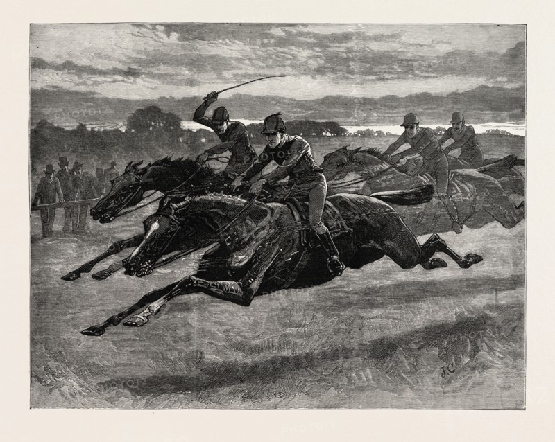 DRAWN  BY JOHN CHARLTON, HORSE RACING, engraving 1884, life in Britain, UK, britain, british, europe, united kingdom, great britain, european, art, artist, horse