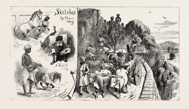 GOING TO THE FAIR, POKHAR, RAJPUTANA, INDIA, engraving 1884