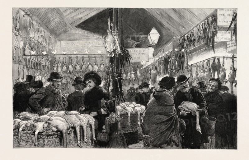 LEADENHALL MARKET AT CHRISTMAS EVE ENGRAVING 1884, a covered market in London, located on Gracechurch Street, UK, britain, british, europe, united kingdom, great britain, european