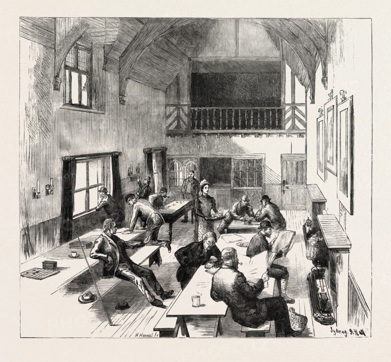 THE SANDRINGHAM CLUB, WEST NEWTON, NORFOLK, INTERIOR, engraving 1884, UK, britain, british, europe, united kingdom, great britain, european