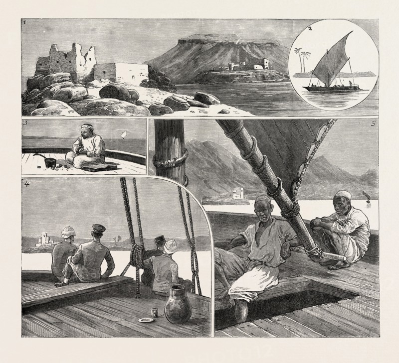 ON BOARD A NUGGAR, I. Sherabin on the Nile. 2. Our Nuggar. 3. Preparing Dinner, 4. How We Saw the Nile.5. Waiting to Shift the Sail, engraving 1884