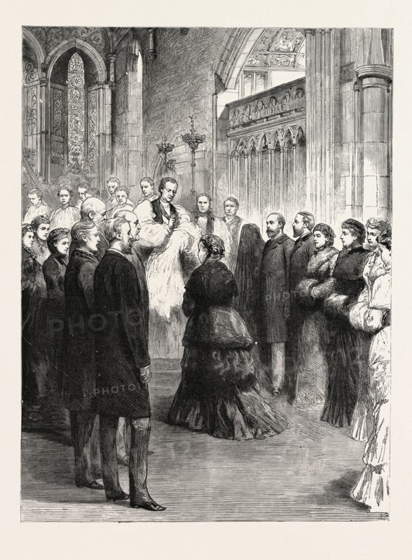 THE QUEEN AT THE PUBLIC CHRISTENING OF THE INFANT DUKE OF ALBANY IN ESHER CHURCH, engraving 1884, UK, britain, british, europe, united kingdom, great britain, european
