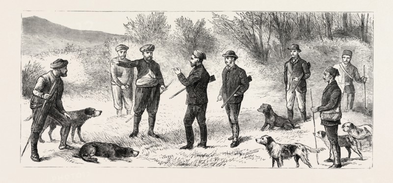 NATIVES DIRECTING THE SHOOTING PARTY WHERE TO FIND BIG GAME, engraving 1884