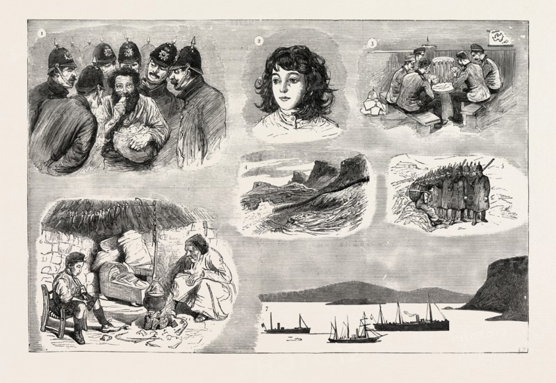 THE SKYE CROFTERS, 1. The Village Idiot and the Marines. 2. A Highland Girl. 3. Marines at Play. 4. Pass Leading to Staffin Bay. 5. One of the Enemy. 6. Interior of a Crofter's Hut. 7. H.M.S.  Assistance, ' Gunboat, and Lochiel in Uig Bay, engraving 1884, UK, britain, british, europe, united kingdom, great britain, european
