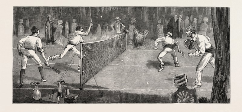 WE FIND A JOLLY PLACE IN THE CEMETERY FUR LAWN-TENNIS, engraving 1884