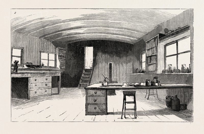 GRANTON QUARRY, NEAR EDINBURGH, MICROSCOPE ROOM AND LIBRARY, engraving 1884, UK, britain, british, europe, united kingdom, great britain, european