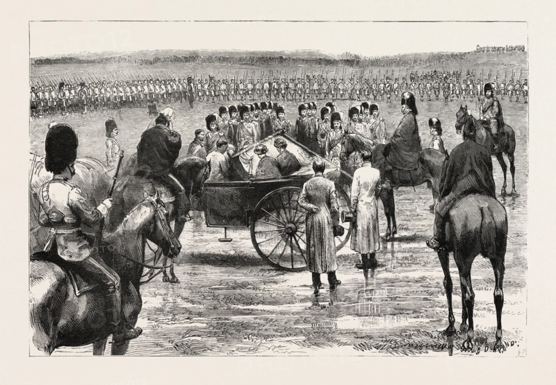 THE PRINCE AND PRINCESS OF WALES PRESENTING NEW COLOURS TO THE GORDON HIGHLANDERS AT ABERDEEN, engraving 1884, UK, britain, british, europe, united kingdom, great britain, european