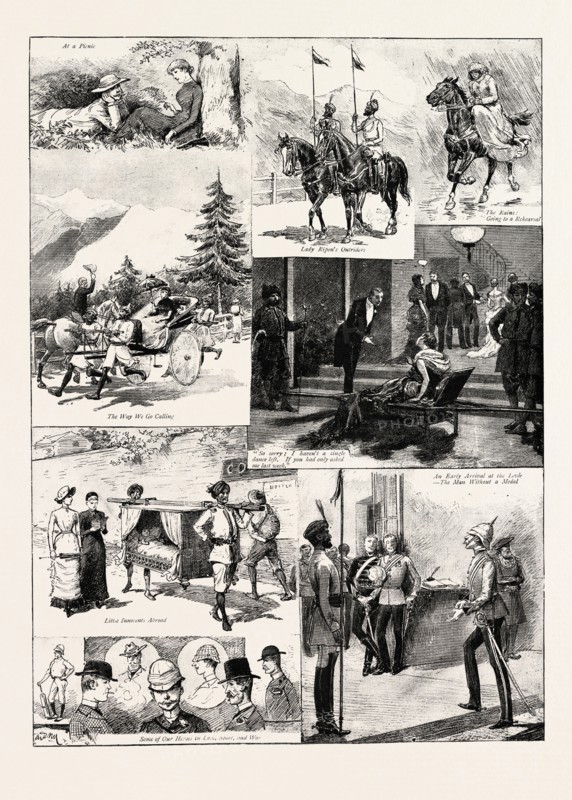 SIMLA, INDIA, UP IN THE HILLS, engraving 1884