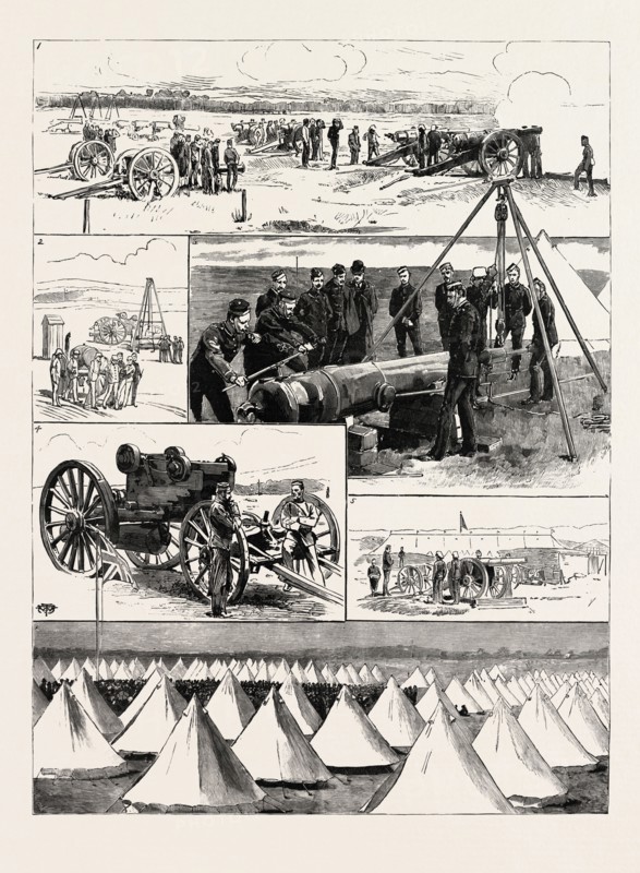 SCOTTISH NATIONAL ARTILLERY CAMP AT BARRY LINKS, FORFARSHIRE, 1. Forty-Pounder Practice Direct Hit, Score I 2. 2. Drill Parade  Gyn Drill and Sling Waggon. 3. Re-Venting 64-Pounder, M. L. R. Gun. 4. Sling Waggon  5. Forty- Pounder Practice : View from Range. 6. Church Parade, engraving 1884, UK, britain, british, europe, united kingdom, great britain, european