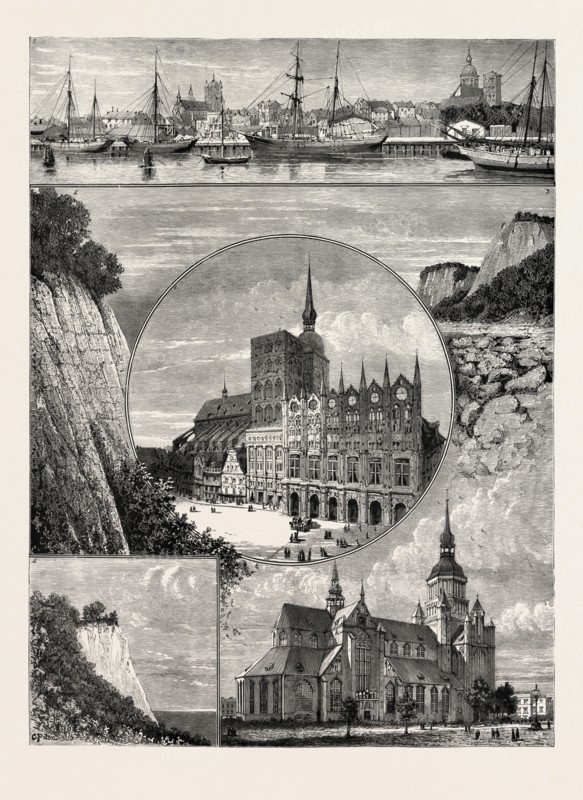 Stralsund from the Harbour. The Zerkluftete Wand, Rugen. 3. View in the Stubbenkammer, Rugen. 4. Roman Catholic Church and Rathhaus, Stralsund. 5.  The King's Chair, Rugen. 6. Church at Stralsund, engraving 1884, North Germany, Germany