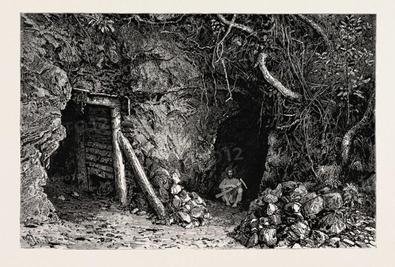 TUNNELS FOR QUARTZ AT NEEDLEROCK, STONE'S REEF  GOLD MINING IN WYNAAD, INDIA, engraving 1884