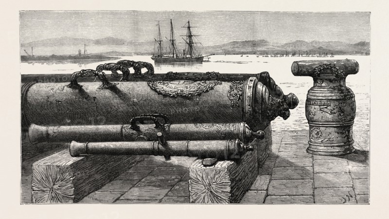 THE GUNS OF H.M.S. COURAGEUX AT GIBRALTAR The Courageux Was Wrecked in 1796, and These Guns Have Lately Been Recovered by Divers, engraving 1884