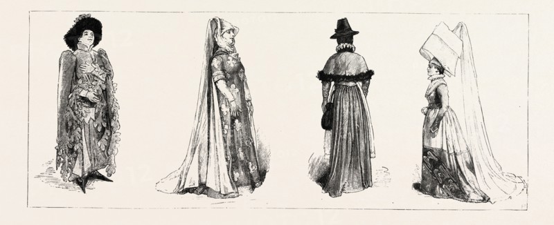 HISTORICAL COSTUMES AT THE INTERNATIONAL EXHIBITION, SOUTH KENSINGTON, LONDON, ENGRAVING 1884, UK, britain, british, europe, united kingdom, great britain, european