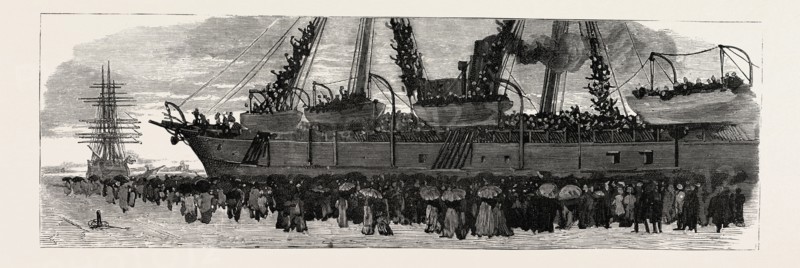 DEPARTURE OF THE TROOP SHIP DECCAN  FROM PORTSMOUTH, THE CAMEL CORPS FOR THE NILE EXPEDITION, ENGRAVING 1884