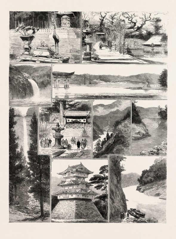 PLACES IN JAPAN, I. Iyeyasu's Tomb, Nikko. 2. Itsukusima  The Temples  3. Waterfall at Toji-no-ki, Near Kumamoto 4. Itsukusima  The Torii  5. Waterfall at Nachi, Kishu  6. Festival at Nikko 7. Ten-riu River at Nishi-no-to  8. Ota Bridge, Ten-riu-gowa 9. Nagoya Castle, Ten-riu-gowa, from below Ota, ENGRAVING 1884