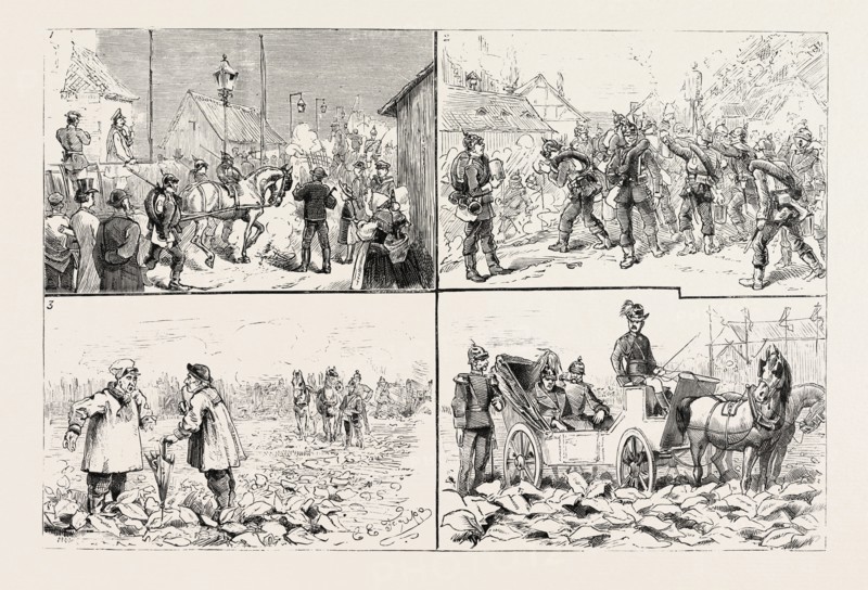 GERMAN MILITARY, GERMANY, Country Carts Requisitioned for Transport Service Leaving Dusseldorf by the Rhine Bridge  2. Storming the Pump 3. A Bad Time for the Turnips 4. General, ENGRAVING 1884